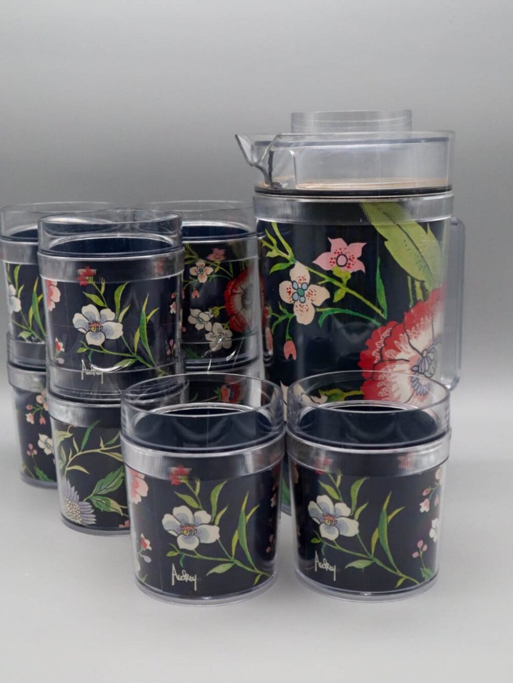 Vtg Thermo-Serv Insulated Acrylic Pitcher & Tumbler Set Audrey St. Tropez Floral